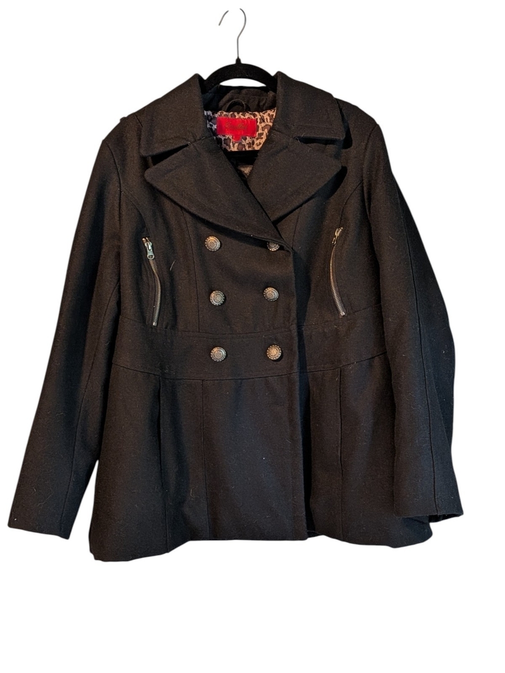 Black Double-Breasted Pea Coat Wool Blend with Zip Accents Size XL
